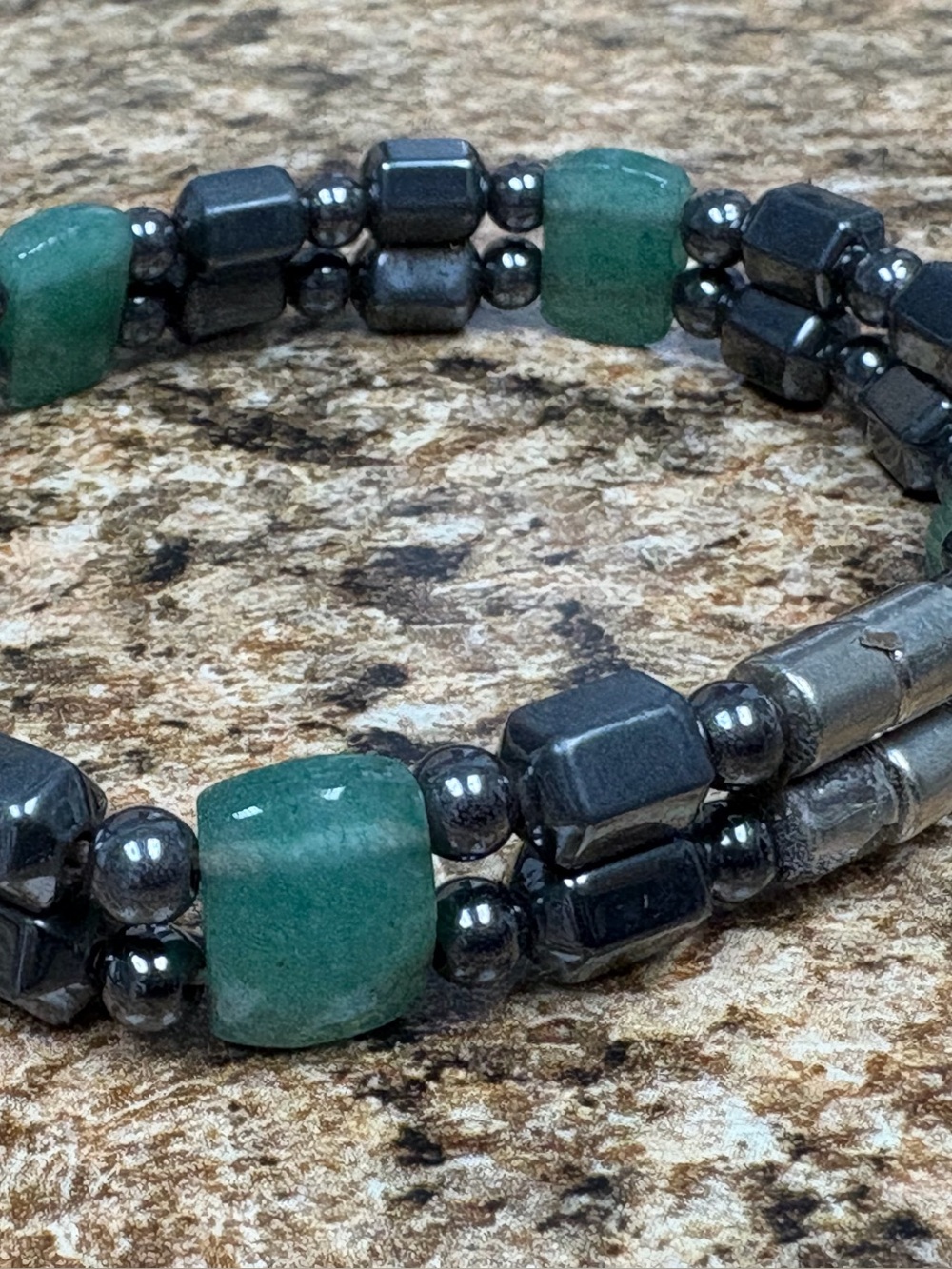 Magnetic Hematite & Green Stone Bracelet Stretch Beaded Healing Jewelry 6.5”
